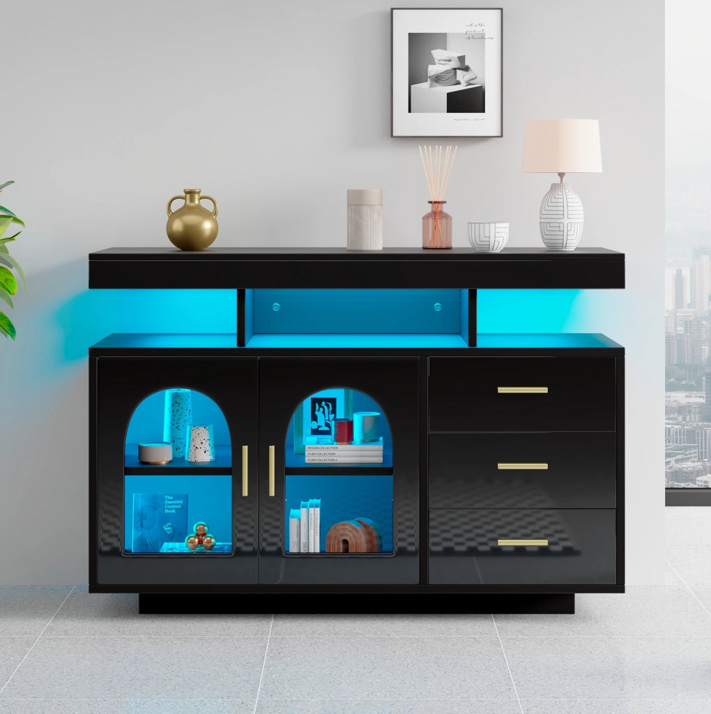 Sideboard buffet moderno 120x40x80 cm in truciolare nero lucido con LED RGB e ante in acrilico