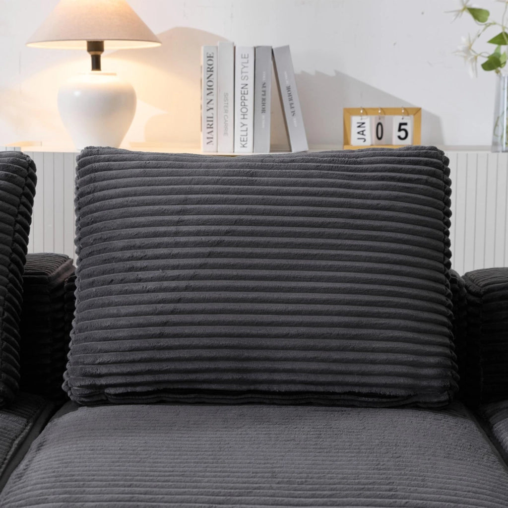 Divano, 265 cm, a due posti, con portabicchieri, tre cuscini decorativi, per piccoli appartamenti, grigio scuro