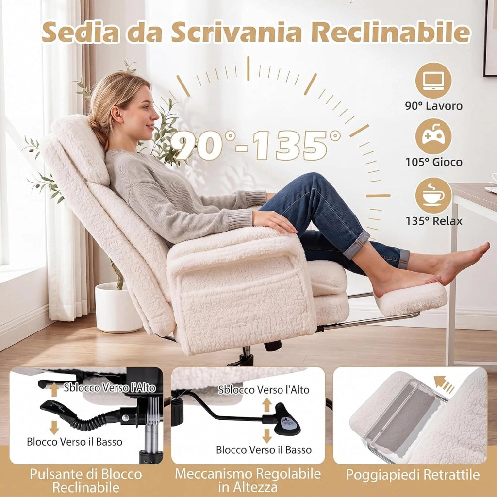 Sedia da Ufficio Ergonomica, Portata 150 kg (Bianco) | Sedia Scrivania con Rotelle Girevole, Braccioli Regolabili su 5 Livelli e Poggiapiedi Retrattile, per Casa e Ufficio