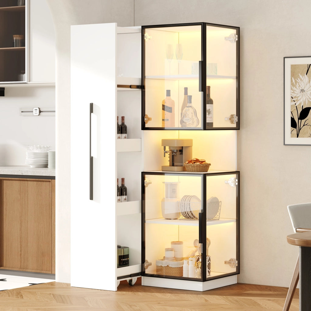 Vetrina alta in MDF e vetro 70×38×160 cm con ripiani estraibili, LED multicolore e protezione antiribaltamento, colore bianco