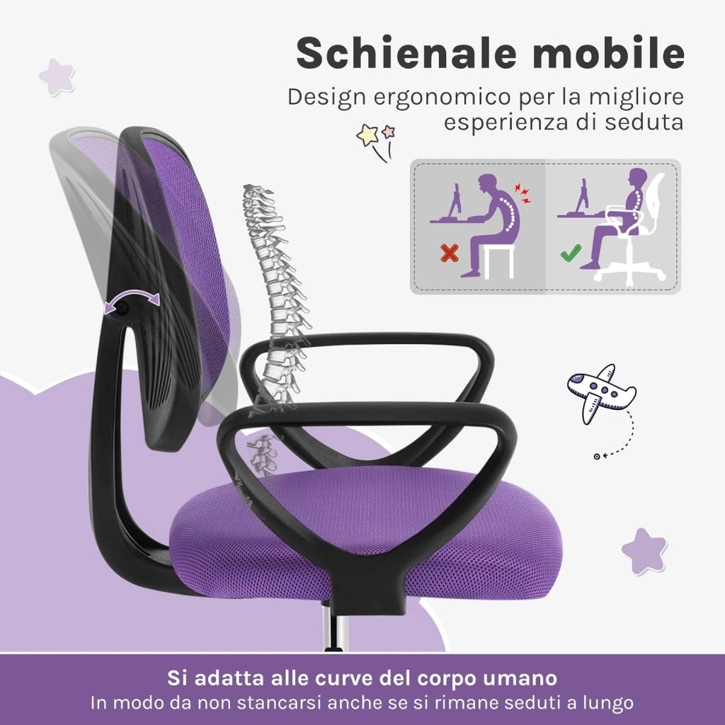 Sedia da Scrivania per Bambini, Sedia da Studio Girevole, Ergonomica con Ruote, Tessuto a Rete Traspirante, Sgabello Girevole con Schienale Regolabile Automaticamente, Viola