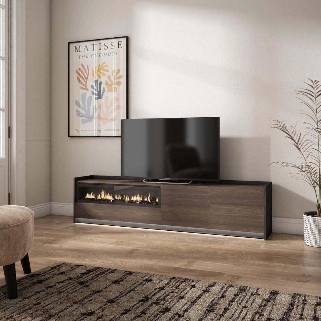 Mobile TV Soggiorno, 207x50x37 cm, Per TV fino a 80", Camino elettrico, LED, Rovere scuro e Nero