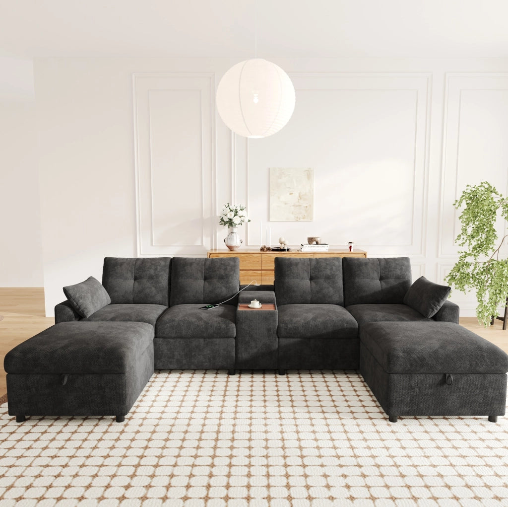 Divano angolare modulare 6 posti in chenille grigio con console centrale; USB e Type-C
