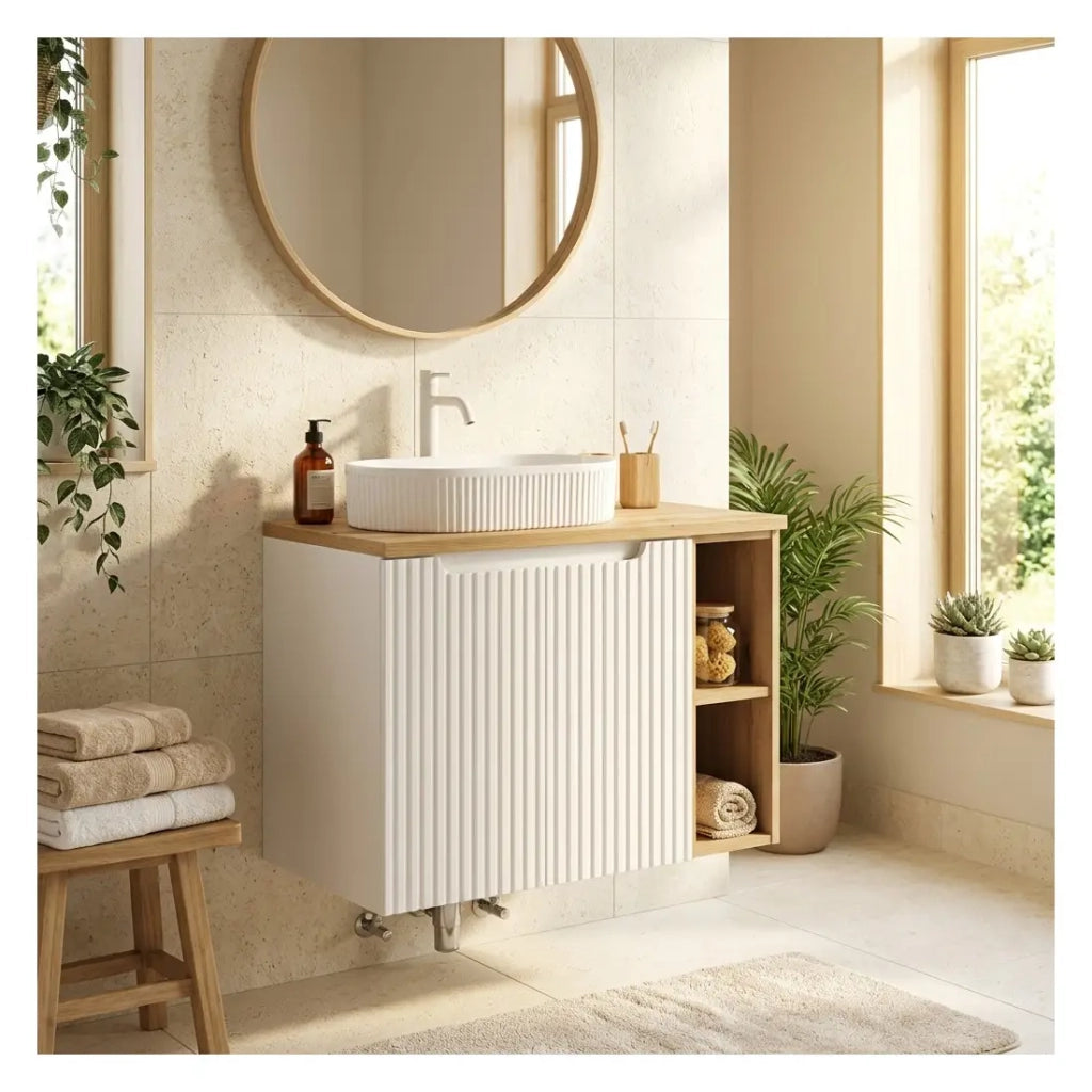 Set VANO bianco 80cm: mobili sotto lavabo con armadietti e nicchie a vista + piano per lavabo + lavabo da appoggio scanalato
