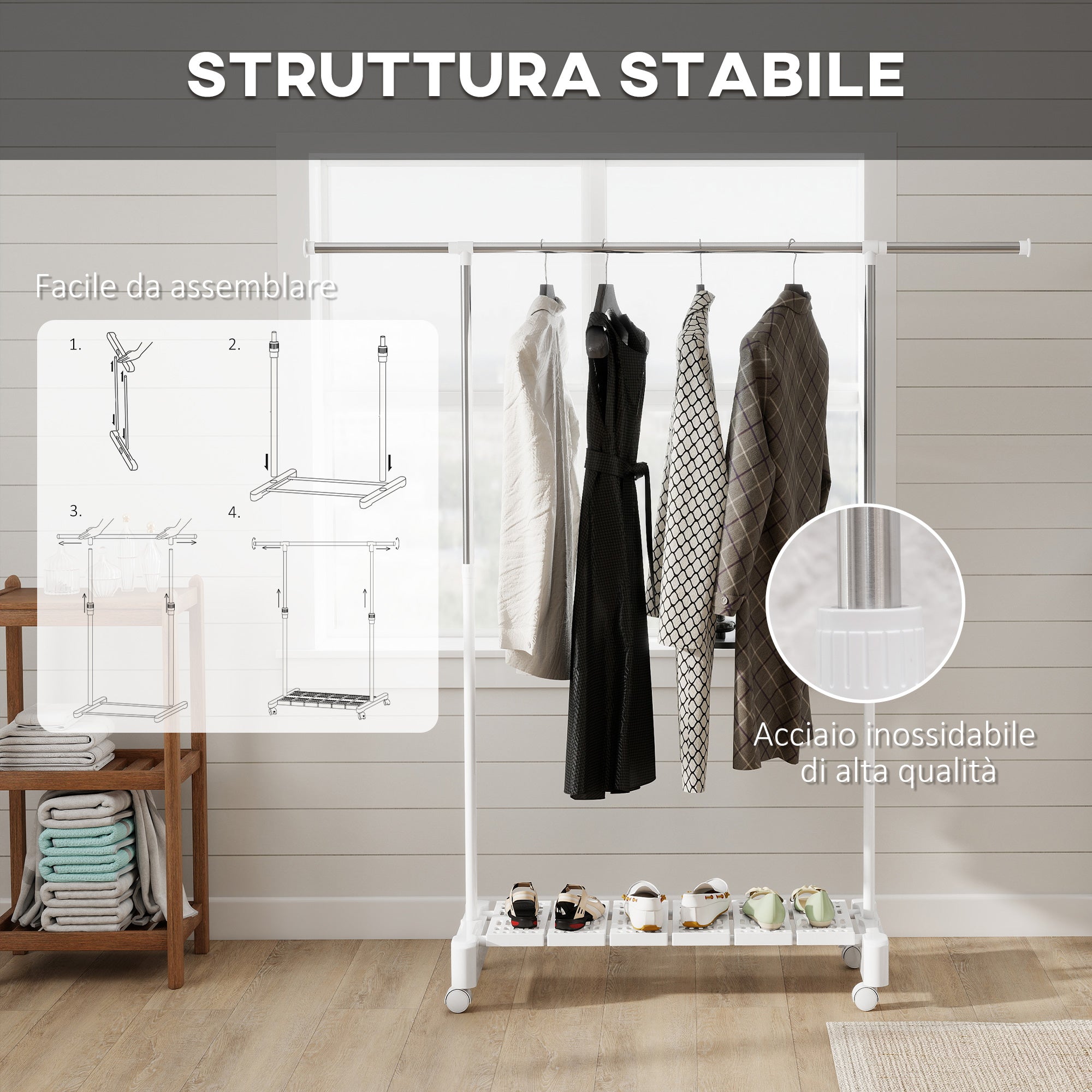 Stendibiancheria Estensibile con Ruote Acciaio Inox e Ripiano Porta Scarpe Bianco