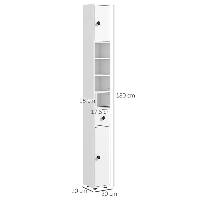 MOBILE COLONNA BAGNO CON CASSETTO, 2 ARMADIETTI E 4 RIPIANI APERTI, IN LEGNO, 20X20X180 CM, BIANCO