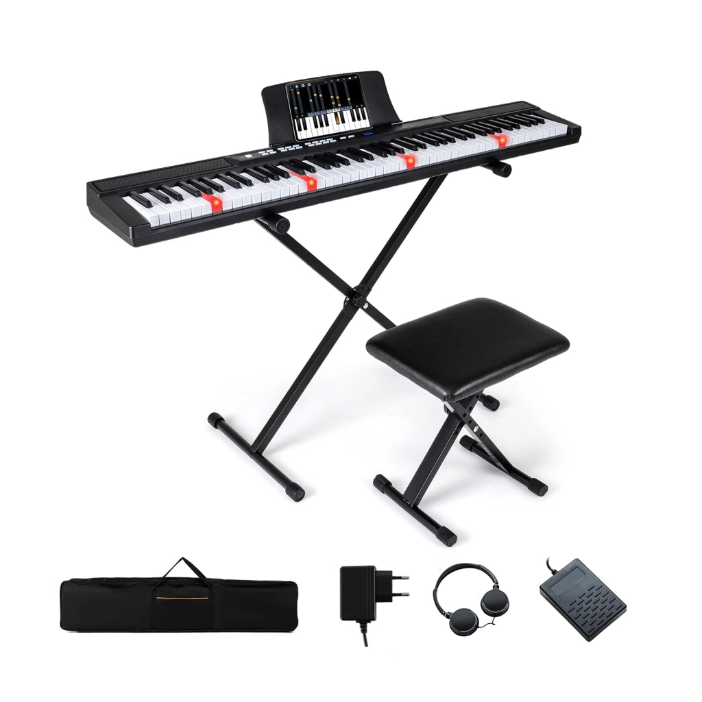 Tastiera pianoforte elettrico 88 tasti digitale supporto sgabello regolabili, Tastiera sensibile tasti pulsanti illuminati funzione midi pedale sustain cuffie Nero