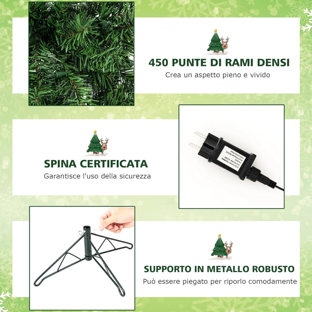 Albero di Natale Mezzo 210 cm, Albero di Natale Artificiale Metà con 150 Luci LED, 450 Rami Folti e Base Pieghevole in Metallo, Ideale per Casa, Ufficio, Negozi e Hotel, Verde