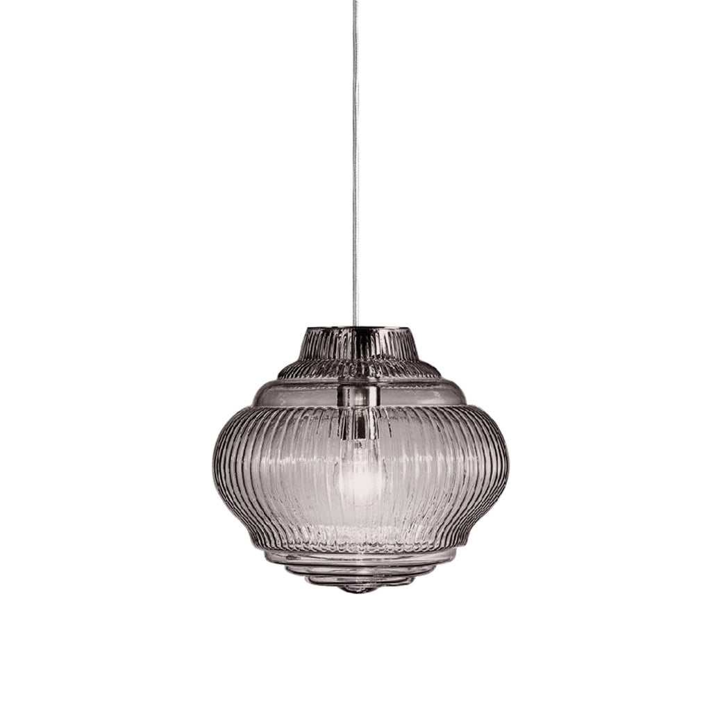 Bonnie Lampada a sospensione in vetro soffiato fumè con lavorazione a rilievo rigadin, struttura in metallo grigio, altezza regolabile 313 cm