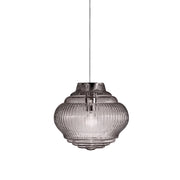 Bonnie Lampada a sospensione in vetro soffiato fumè con lavorazione a rilievo rigadin, struttura in metallo grigio, altezza regolabile 313 cm