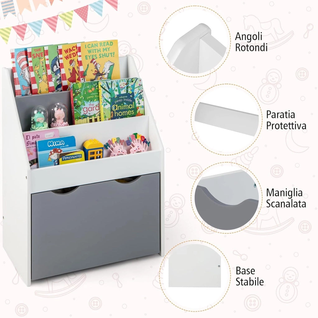 Libreria Montessoriana per Bambini, Scaffale per Libri a 3 Livelli con Cassetto Inferiore e 4 Ruote, per Cameretta, Stanza dei Giochi e Asilo, 50 x 28 x 70 cm, Grigio e Bianco