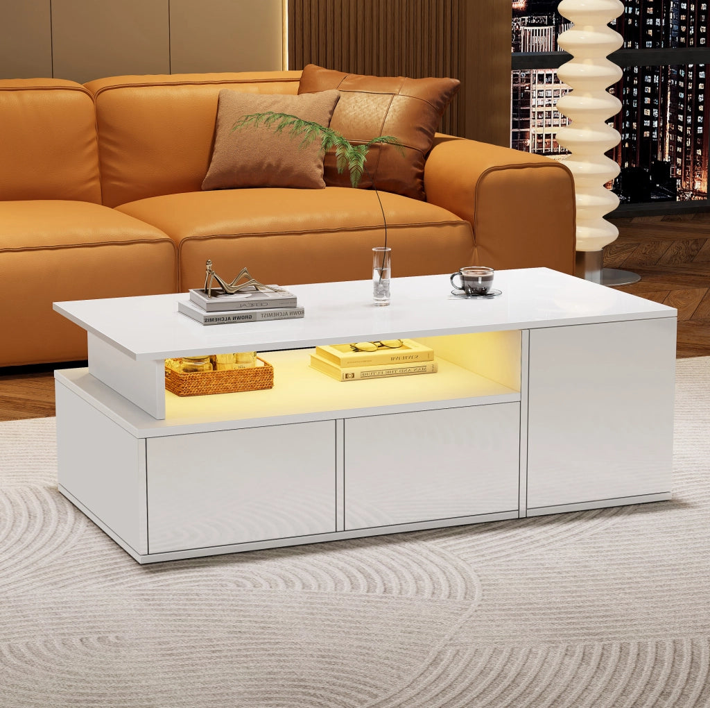 Tavolino da caffè bianco lucido con LED, 2 cassetti e 9 vani