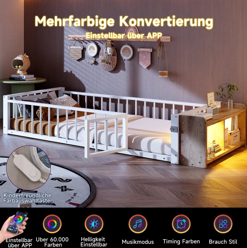 Letto singolo 90x200 cm con protezione laterale; ripiano aperto e LED; bianco in metallo e MDF