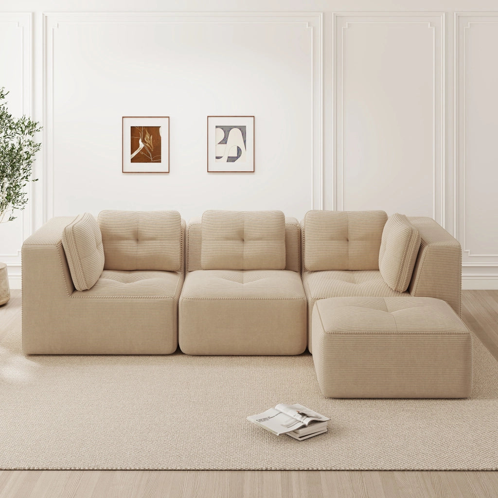 Divano angolare modulare in corduroy beige 297x177x69 cm; con ampi braccioli
