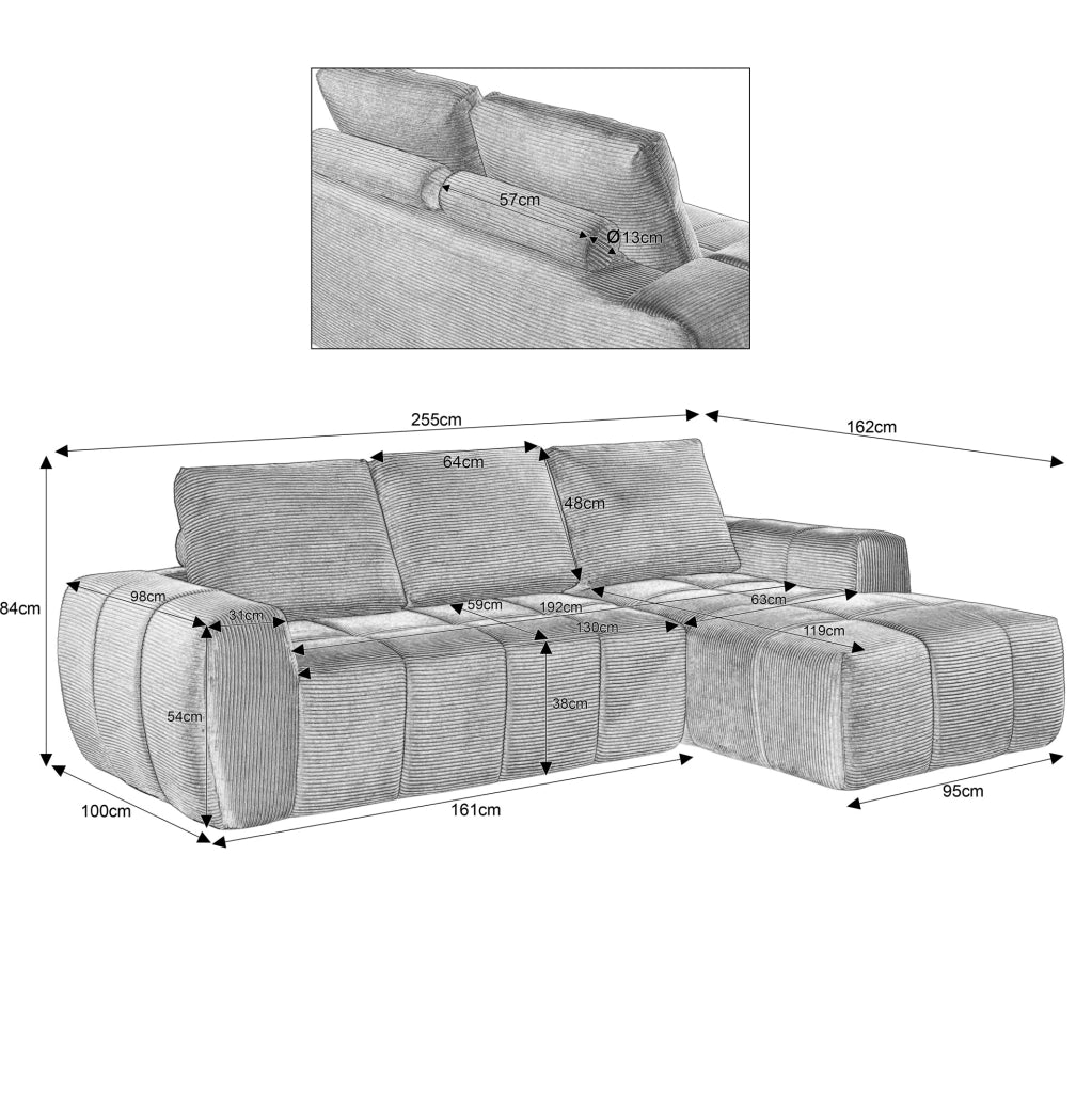 Divano angolare beige in velluto a coste; schiuma e molle insacchettate