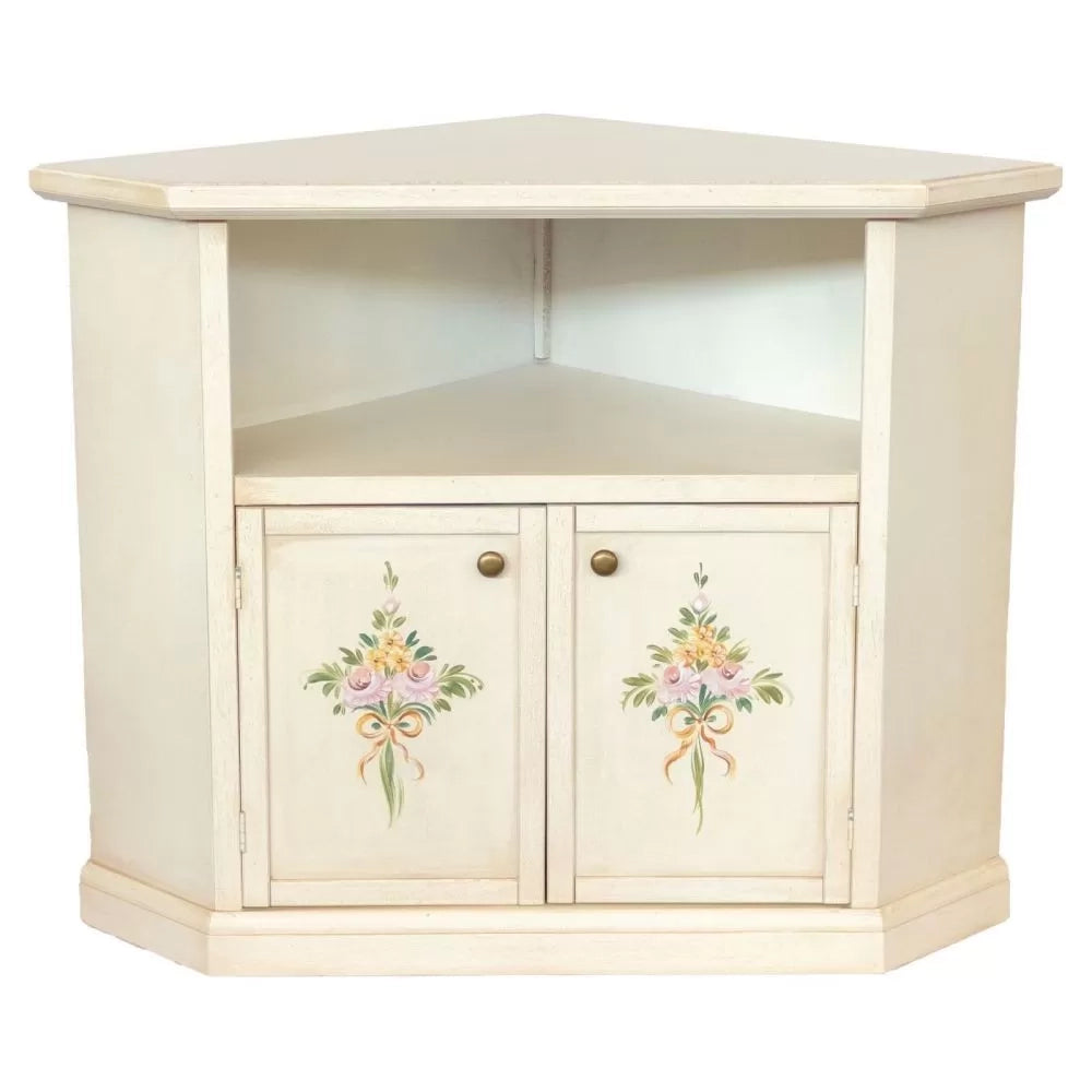 Porta tv in legno 2 ante shabby bianco anticato con decoro 72x63x80 - Mobili 2G