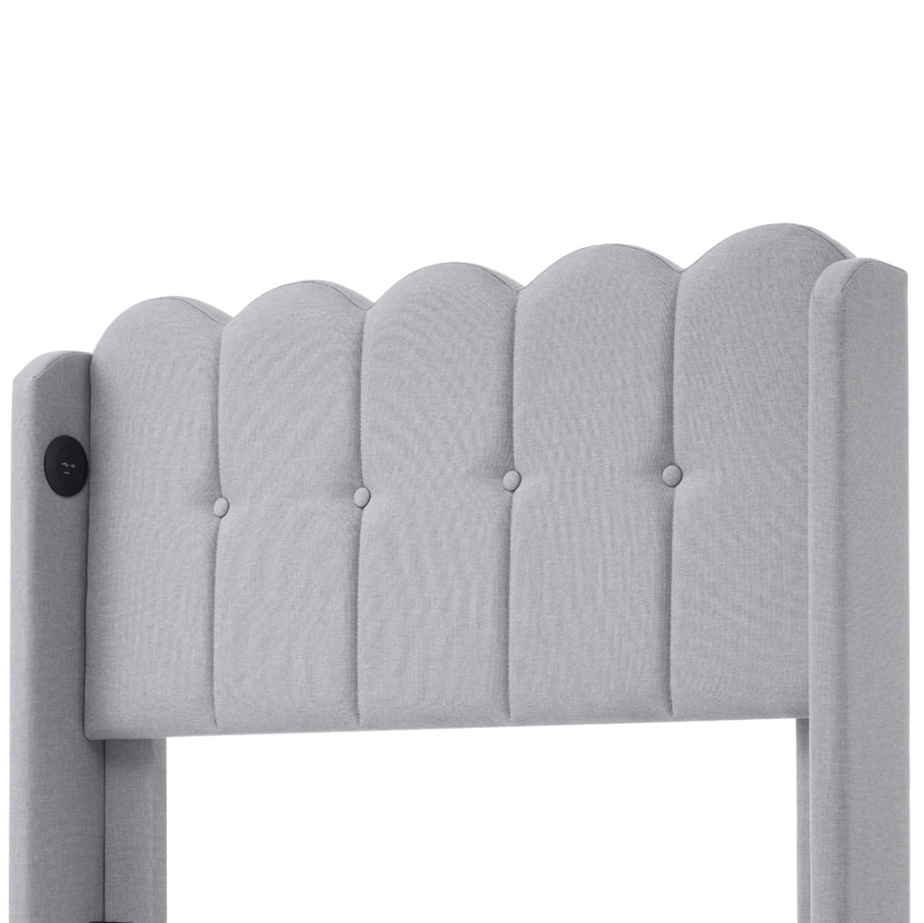 Letto imbottito singolo 90x200 cm in lino grigio con porta USB e USB-C; testiera pannellata