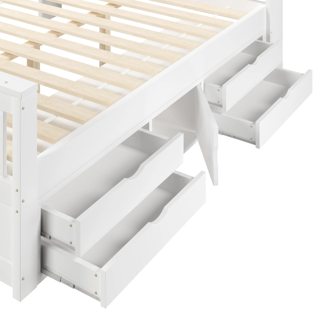 Letto contenitore 160 × 200 cm con 4 cassetti, scaffali e LED, senza materasso, in MDF e compensato, bianco