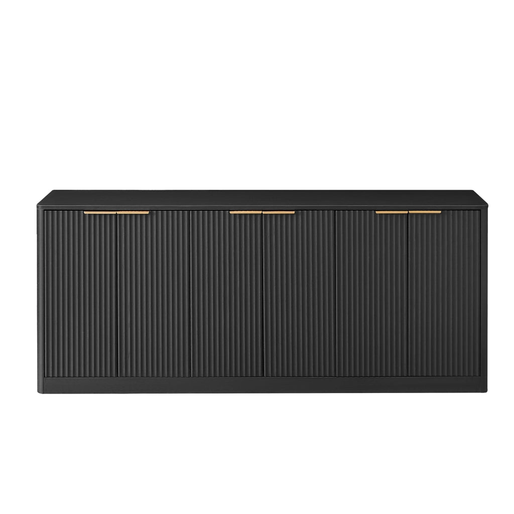Credenza moderna a 6 ante con pannelli ondulati in MDF nero per soggiorno e cucina 170 × 40 × 70.5 cm