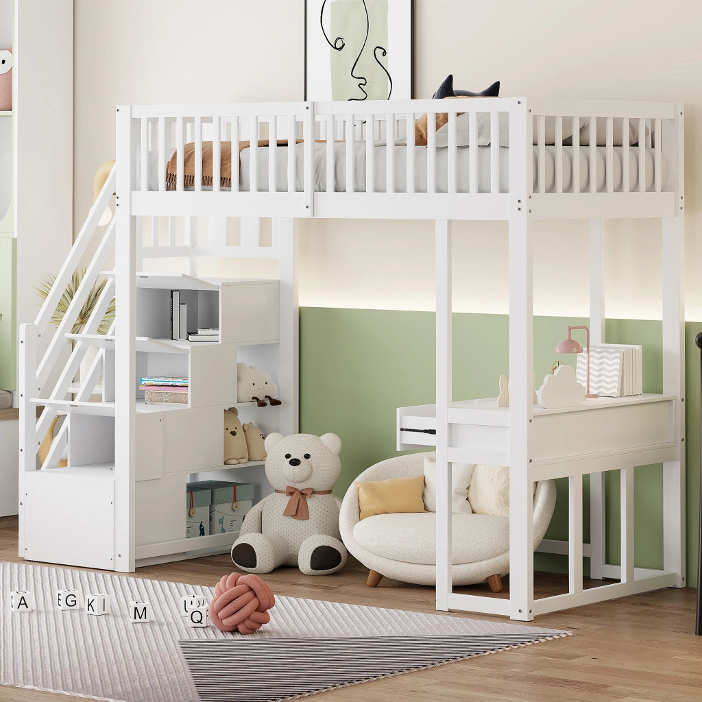 Letto a soppalco 90 x 200 cm; singolo con scala contenitore e scrivania; senza materasso; Bianco
