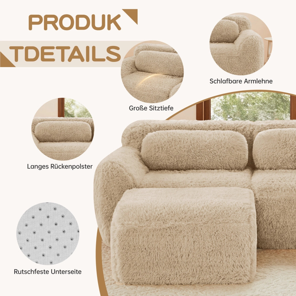 Divano modulare angolare 291x104x73 cm in tessuto peluche; base antiscivolo; cachi chiaro