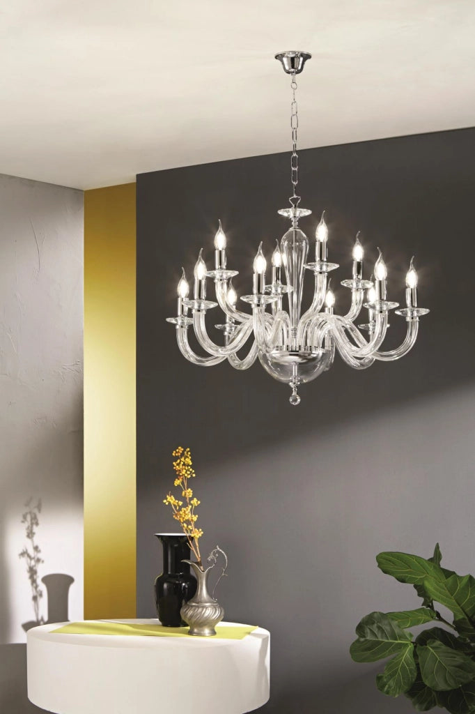LAMPADARIO RAVEL 12 LUCI ATTACCO E14 CRISTALLO E CROMO D.82CM