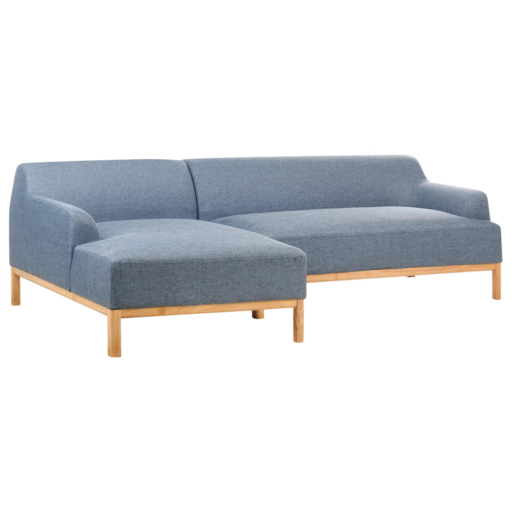 Divano angolare a destra Tessuto poliestere blu Gambe di legno Soggiorno elegante