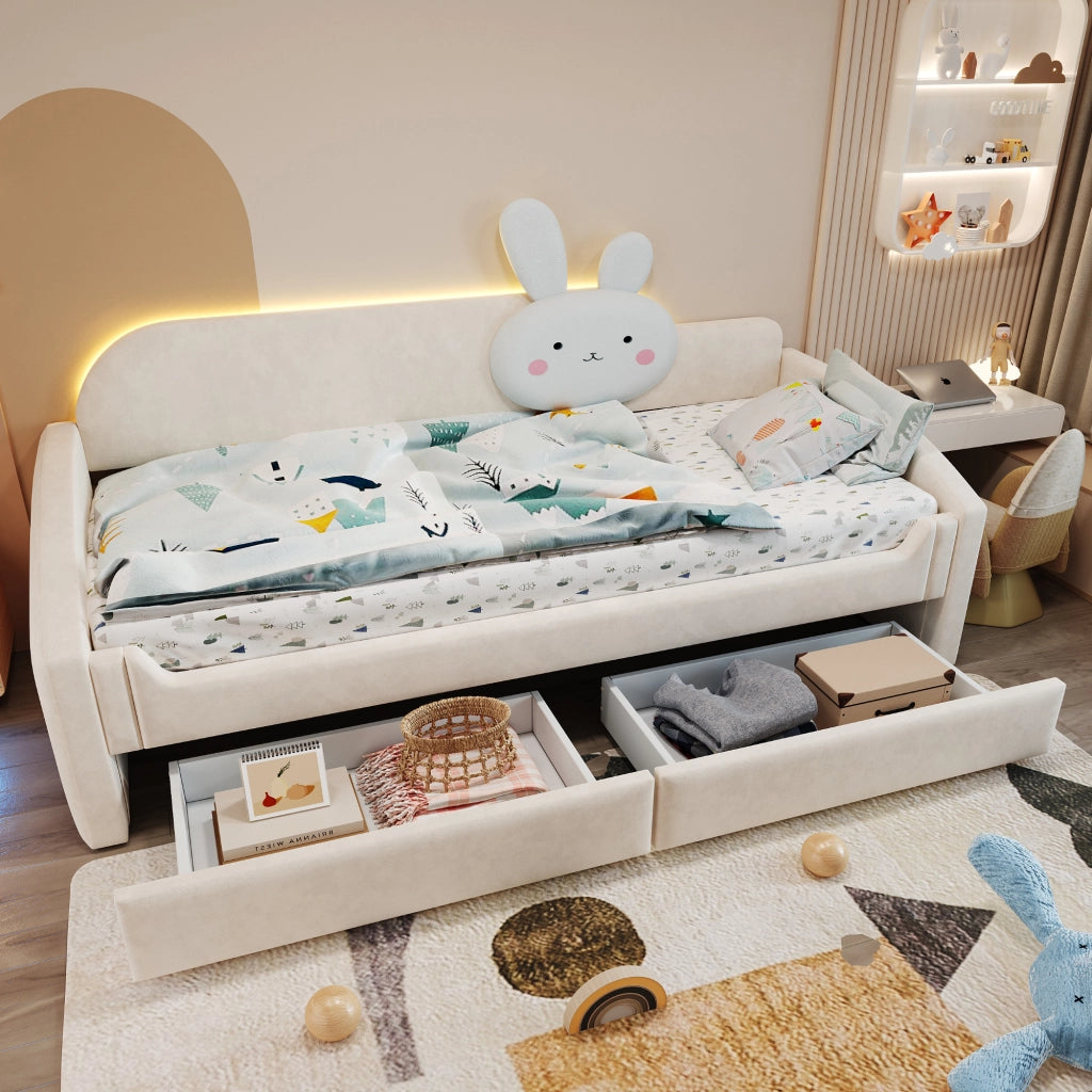 LETTO SOFA 90x200 cm in velluto beige con LED e 2 cassetti