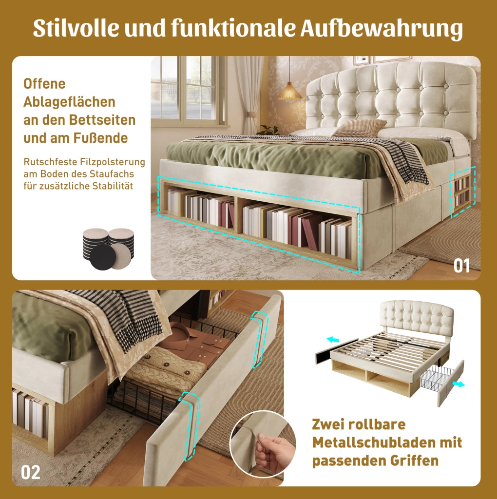 Letto imbottito beige con testiera regolabile, contenitore e cassetti