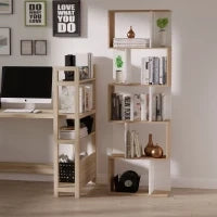 Scaffale Libreria a 5 Ripiani Suddivisi, Libreria Salvaspazio a Forma di S in Legno, Scaffale Divisorio per Soggiorno, Camera da Letto e Ufficio, 60x24x184.5 cm, Color Legno e Bianco