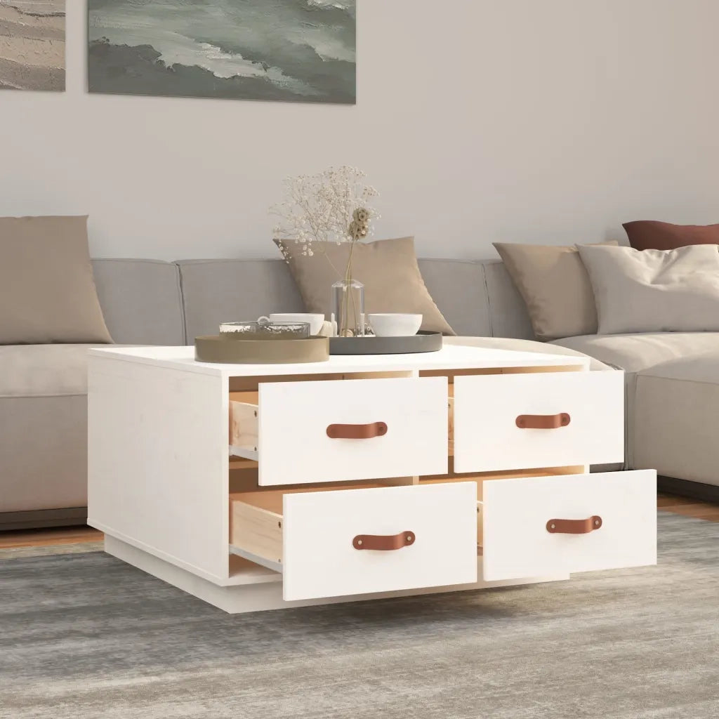 Tavolino da Salotto Bianco 80x80x45 cm Legno Massello di Pino 821518