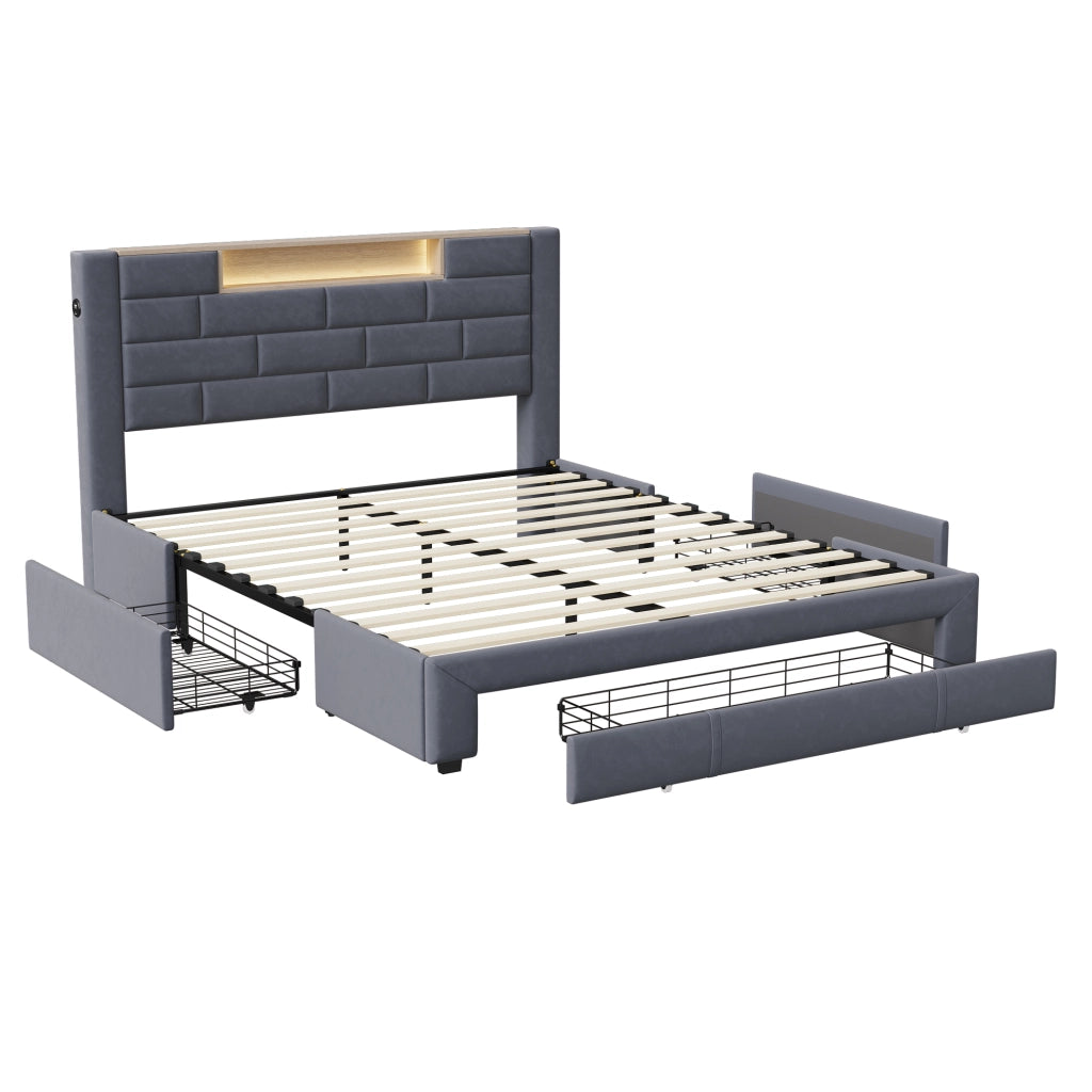 Letto matrimoniale 140x200 cm velluto grigio, testiera con vano portaoggetti, porte USB, luci RGB‑LED controllabili da app e telecomando, 3 cassetti contenitore