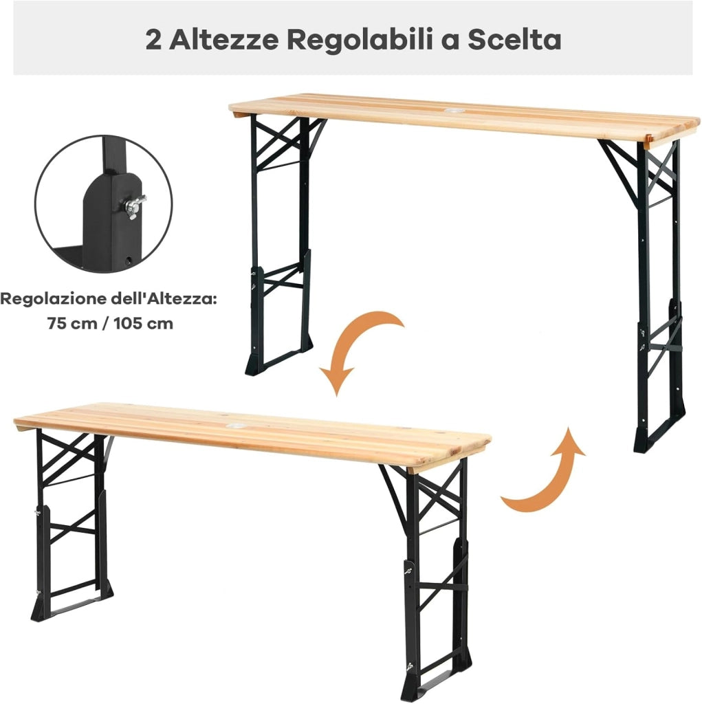 Tavolo da Picnic Pieghevole, Tavolo da Campeggio in Legno, con Altezza Regolabile, con Foro per Ombrellone, 168,5 x 50 x 75/105 cm, Portata 50 kg