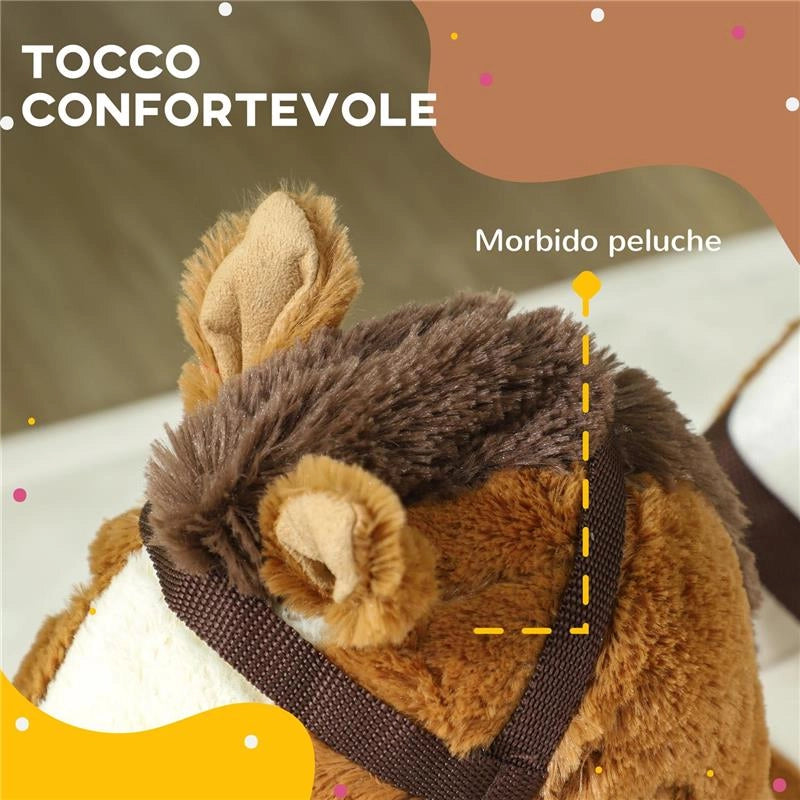 CAVALLO A DONDOLO PER BAMBINI 18-36 MESI CON SUONI BASE IN LEGNO E CINTURA DI SICUREZZA 68X33X45 CM MARRONE