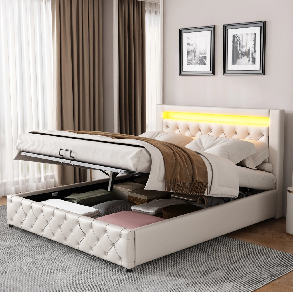Letto imbottito 160x200 cm in PU bianco con LED; rete a doghe e contenitore
