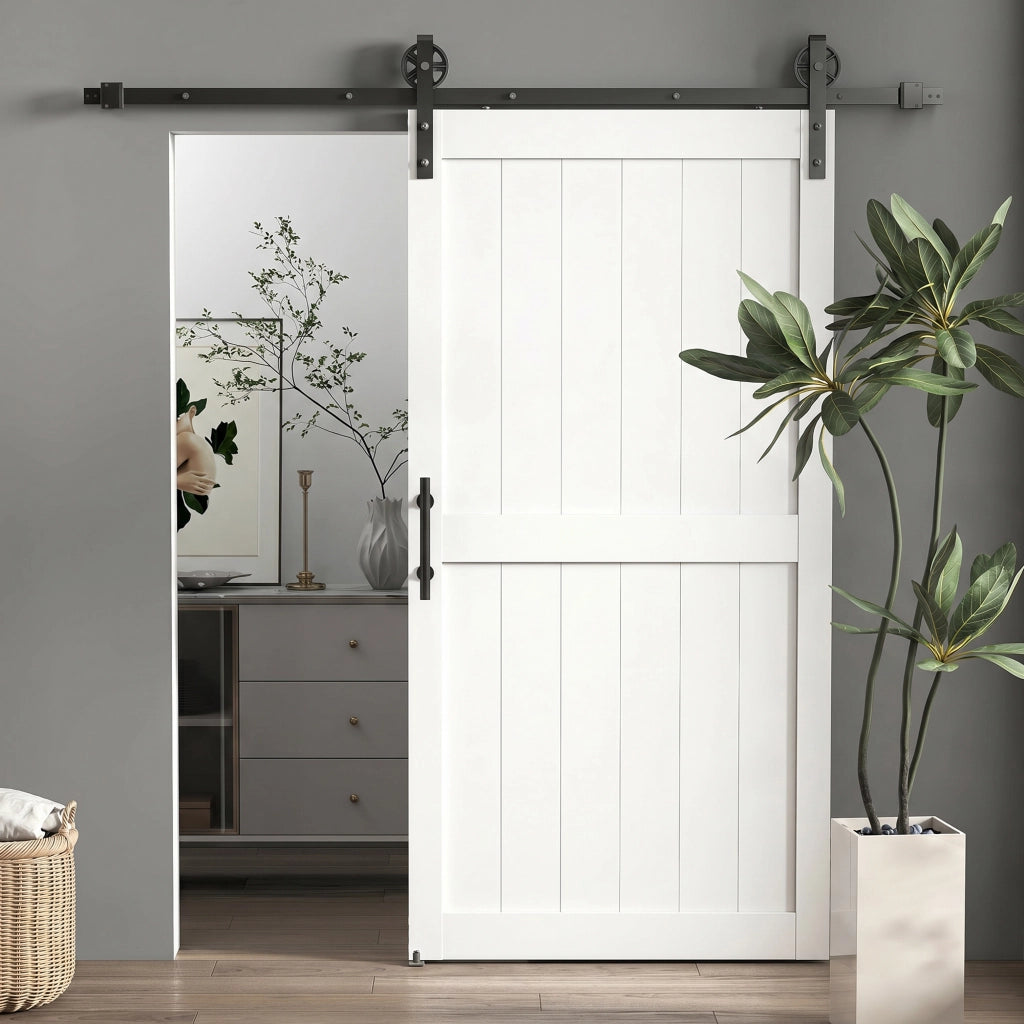 Porte Scorrevole Country con Binario e Maniglia in Legno e Acciaio ¨C Minimal ¨C 106.6x213.4 cm Bianco e Nero