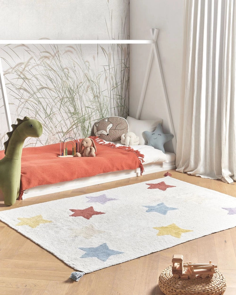 Tappeto per bambini in cotone multicolore 140 x 200 cm motivo a stelle intrecciato a mano con frange Tappeto da gioco per bambini