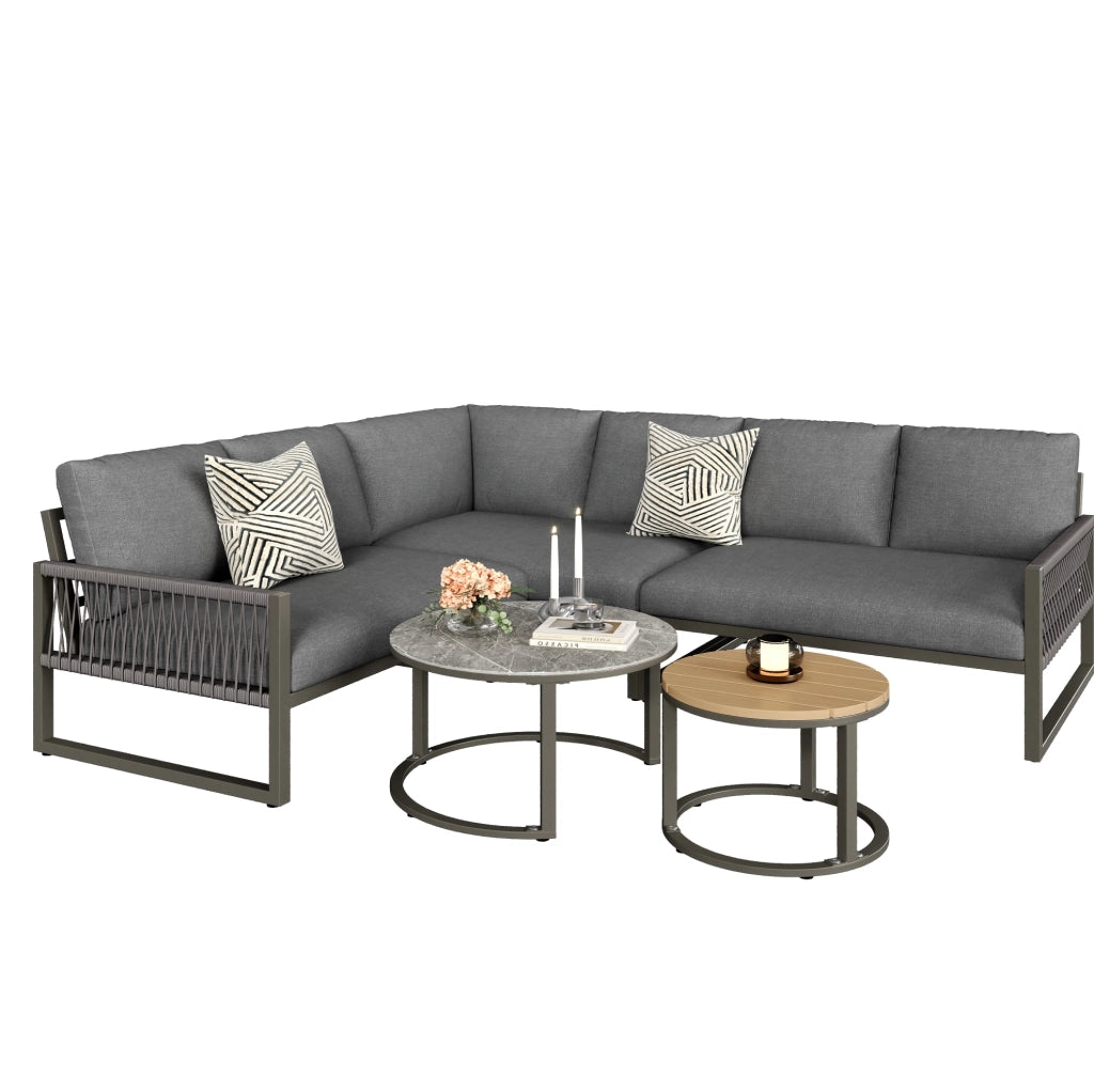 Set lounge da giardino con 3 divani e 2 tavolini; struttura in metallo e poliestere grigio
