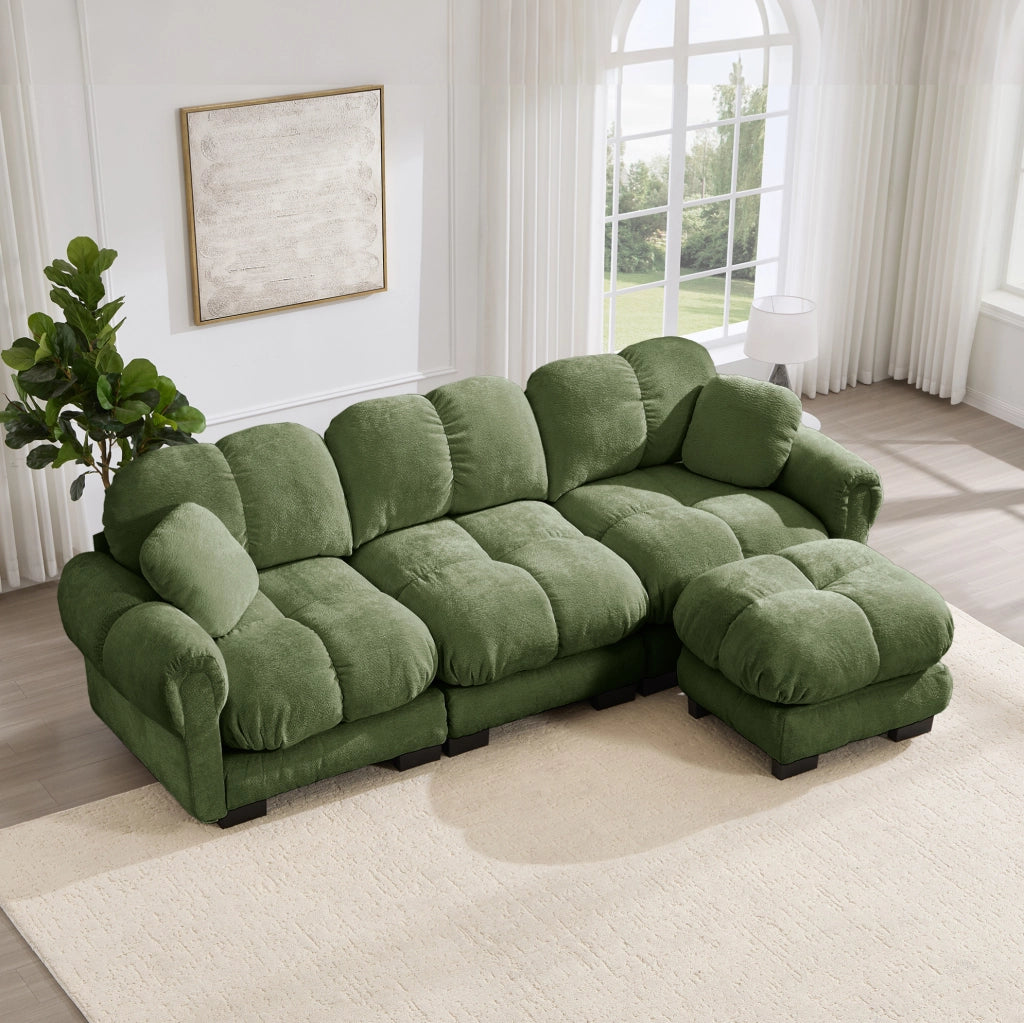 Divano modulare in ciniglia con pouf mobile; 260 x 149 x 90 cm; verde