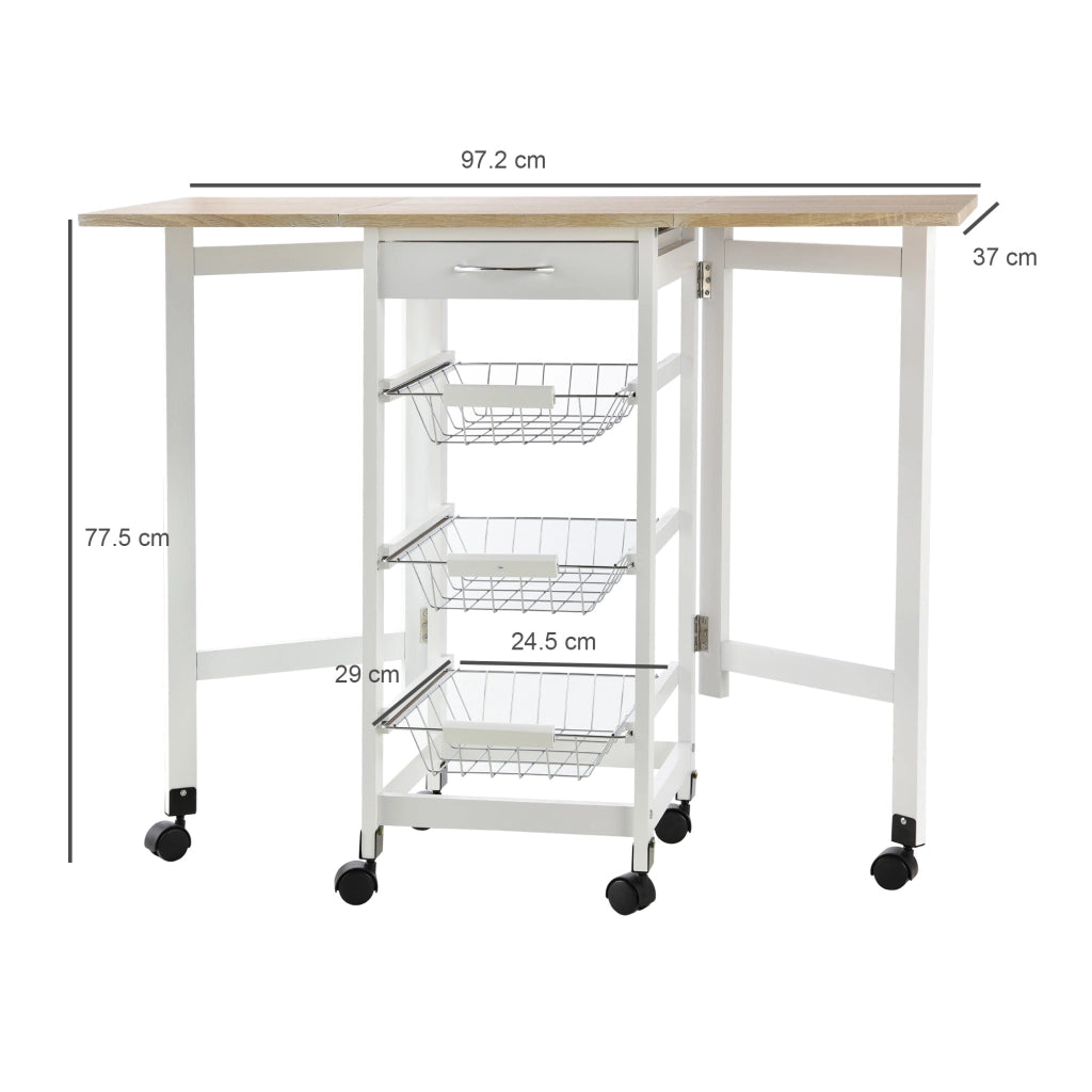 Easycomfort Carrello Portavivande Pieghevole a 6 Ruote con 3 Cestini, Cassetto e 2 Ribalte, Carrellino per Cucina in MDF e Metallo, 37x37x77.5 cm, Bianco e Legno