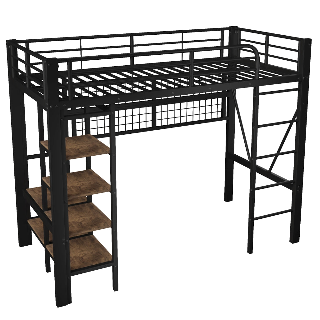 Letto a Soppalco con LED ¨C MINIMAL ¨C Struttura in Metallo Nero 90x200 cm