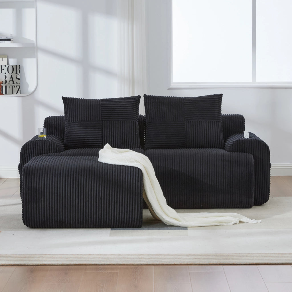 DIVANO modulare 2 posti 200x174x80 cm in velluto a coste nero con pouf