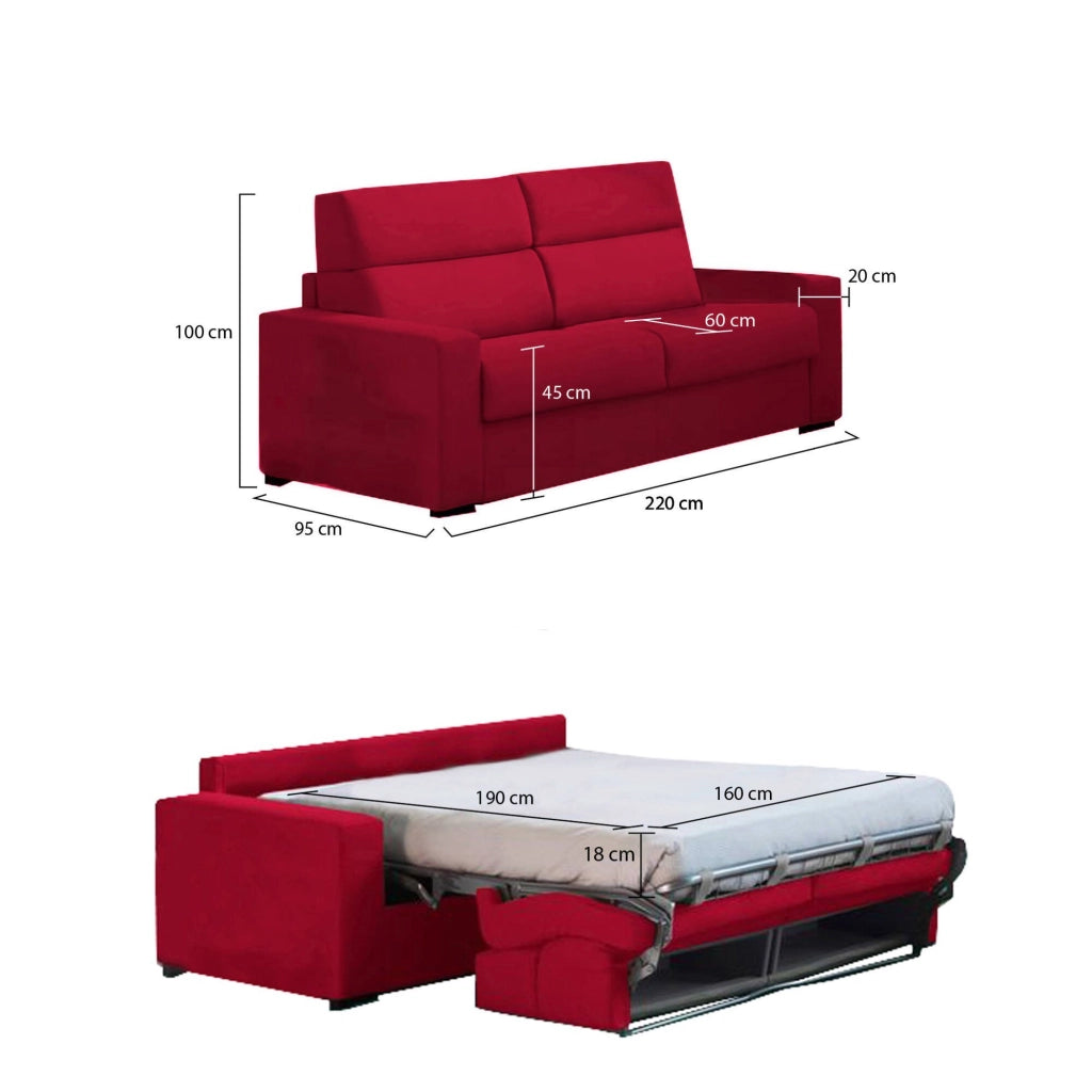 Quindici, Divano Letto 3 Posti Sfoderabile Made in Italy, 220x95 cm Rosso