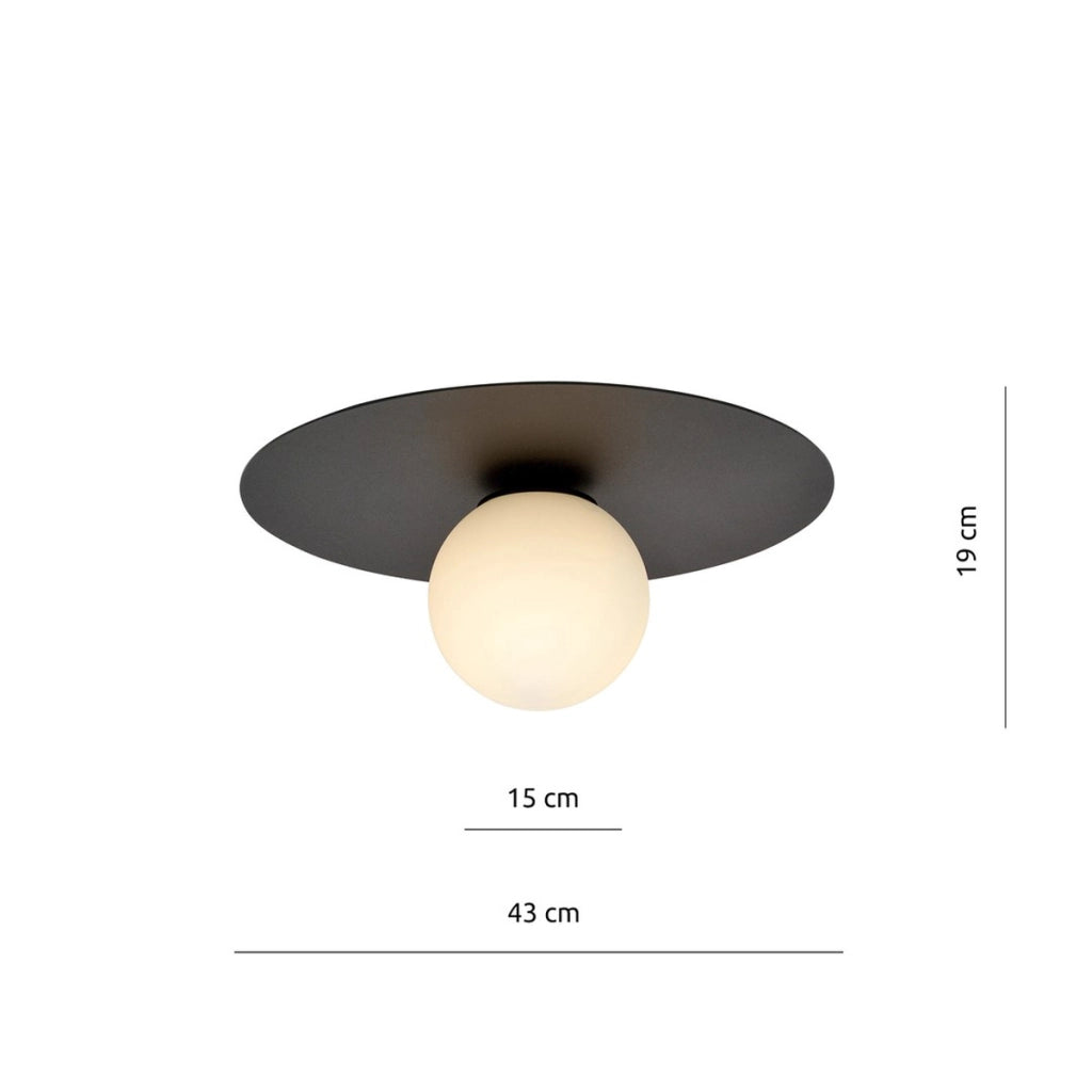 Lampada a sospensione Solar con base in acciaio nero e vetro opalino