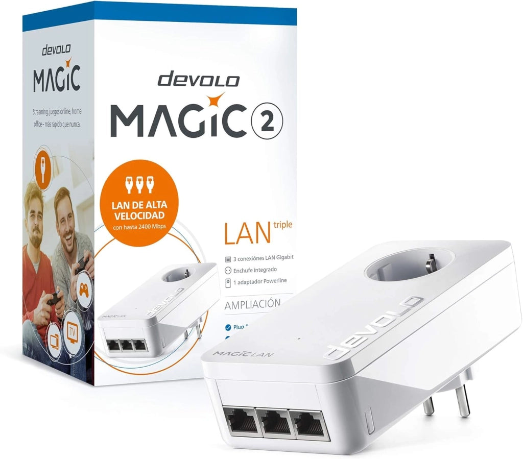 Magic 2 LAN triplo adattatore complementare per una rete domestica stabile tramite cavi di corrente, tecnologia G.hn, 3 connessioni LAN Gigabit, bianco