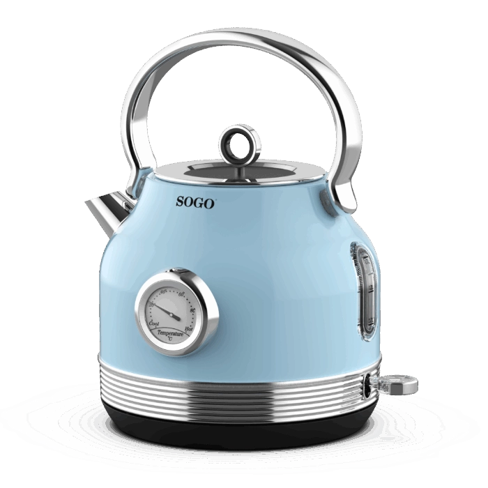 Bollitore elettrico 1,8 litri in acciaio inox rosso metallizzato, 2200W, termometro integrato, base girevole 360° - SOGO