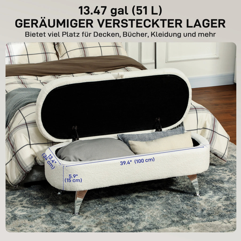Panca contenitore imbottita con coperchio e gambe in metallo in poliestere bianco 114 × 47 × 46,5 cm
