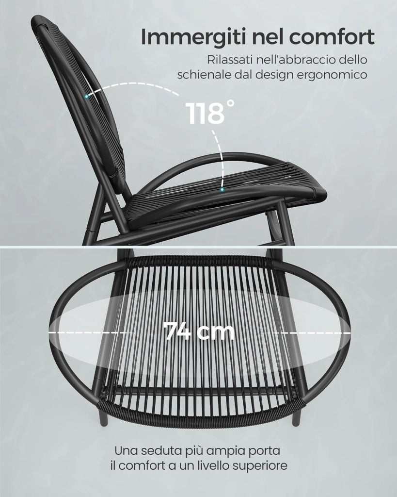 SONGMICS Set di 3 Mobili da Giardino Trattoria, Sedie Acapulco, Sedie da Esterno, Tavolino e 2 Sedie, Set di Mobili per Interni ed Esterni, Portico del Balcone, Nero Inchiostro GGF021B01