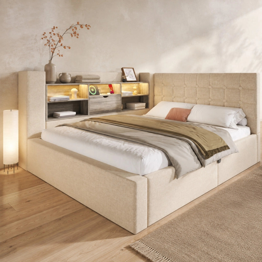 Letto matrimoniale 140x190 cm con LED, ricarica USB, contenitore idraulico e testiera L beige