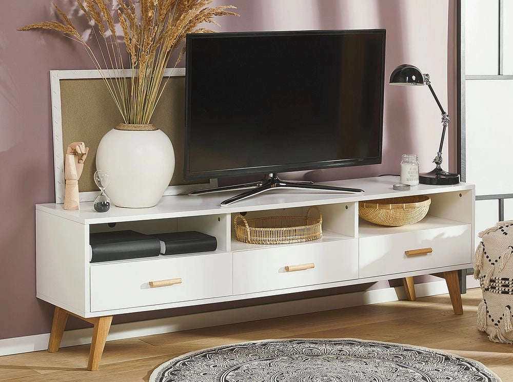 Mobile TV bianco con legno chiaro 55 x 180 x 40 cm con ripiani e cassetti